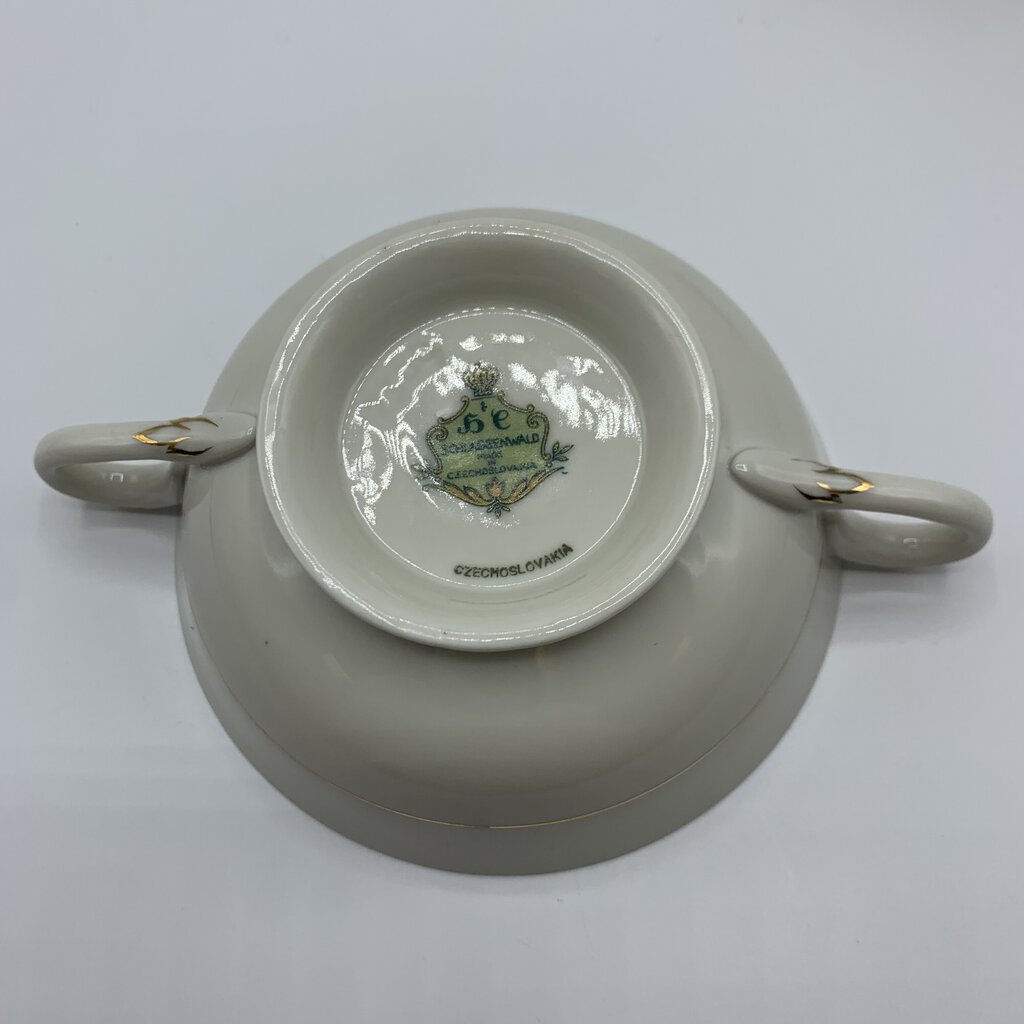 Antique Haas & Czjzek “La Boheme Blue” Double-Handled Cream Soup Bowls with Saucers Set of 2 /hg