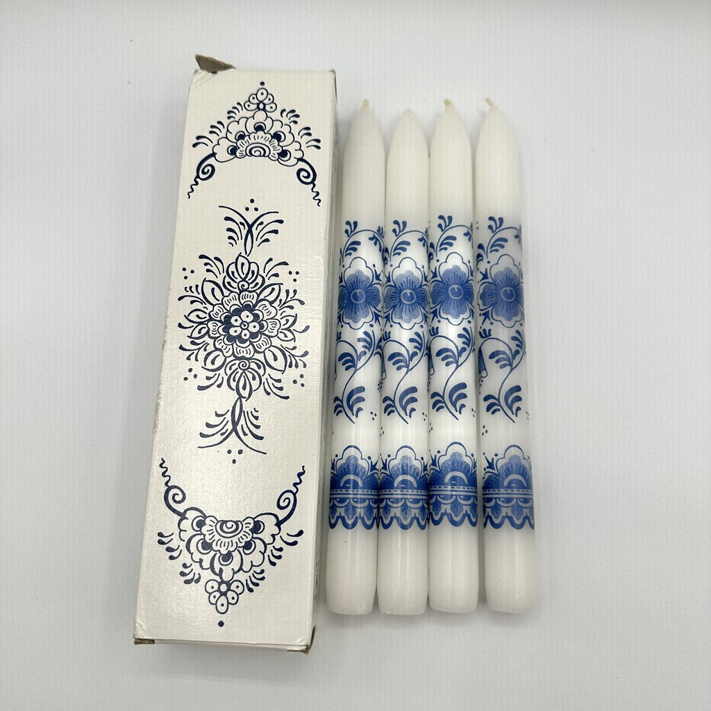 Set Of 4 Delft Blue Floral Taper Candles Made In Holland /cb