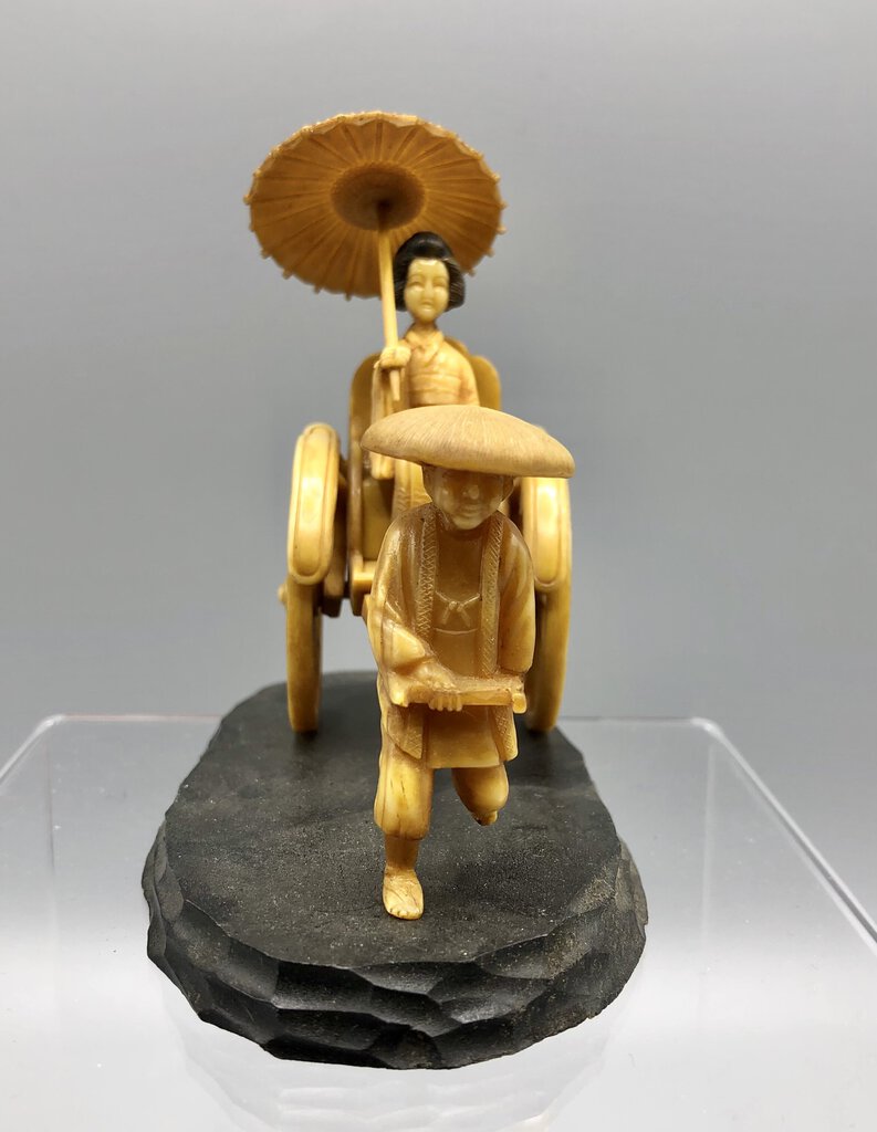 Vintage Celluloid Geisha in Rickshaw Figurine /b
