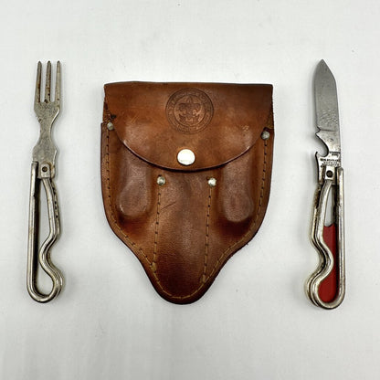 Vintage Boy Scouts Of America GEO Schrade Portable Utensil Kit Knife & Fork in Leather Case /cb