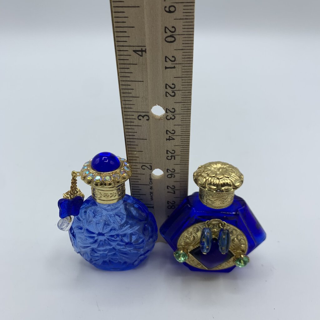 Jeweled Blue Glass Mini Perfume Bottles with Glass Daubers Set of 2 /hg