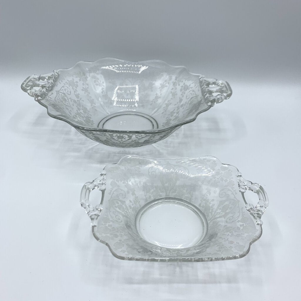 Vintage Cambridge Glass “Diane” Etch Handled Bowls Set of 2 /hg
