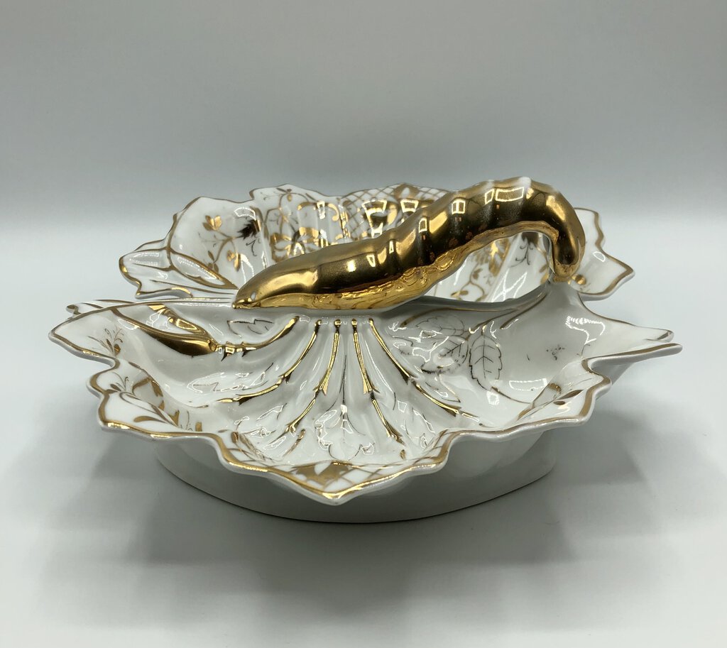 Antique Lobster Dish Porcelain JS Germany 22kt Gold Divided Dish /b