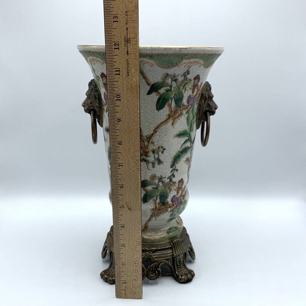 Contemporary Chinese Ceramic and Brass Vase with Lion’s Head Handles /hg