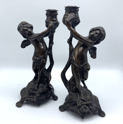Vintage Bronze Art Nouveau-Style Cherub Candlesticks /hg