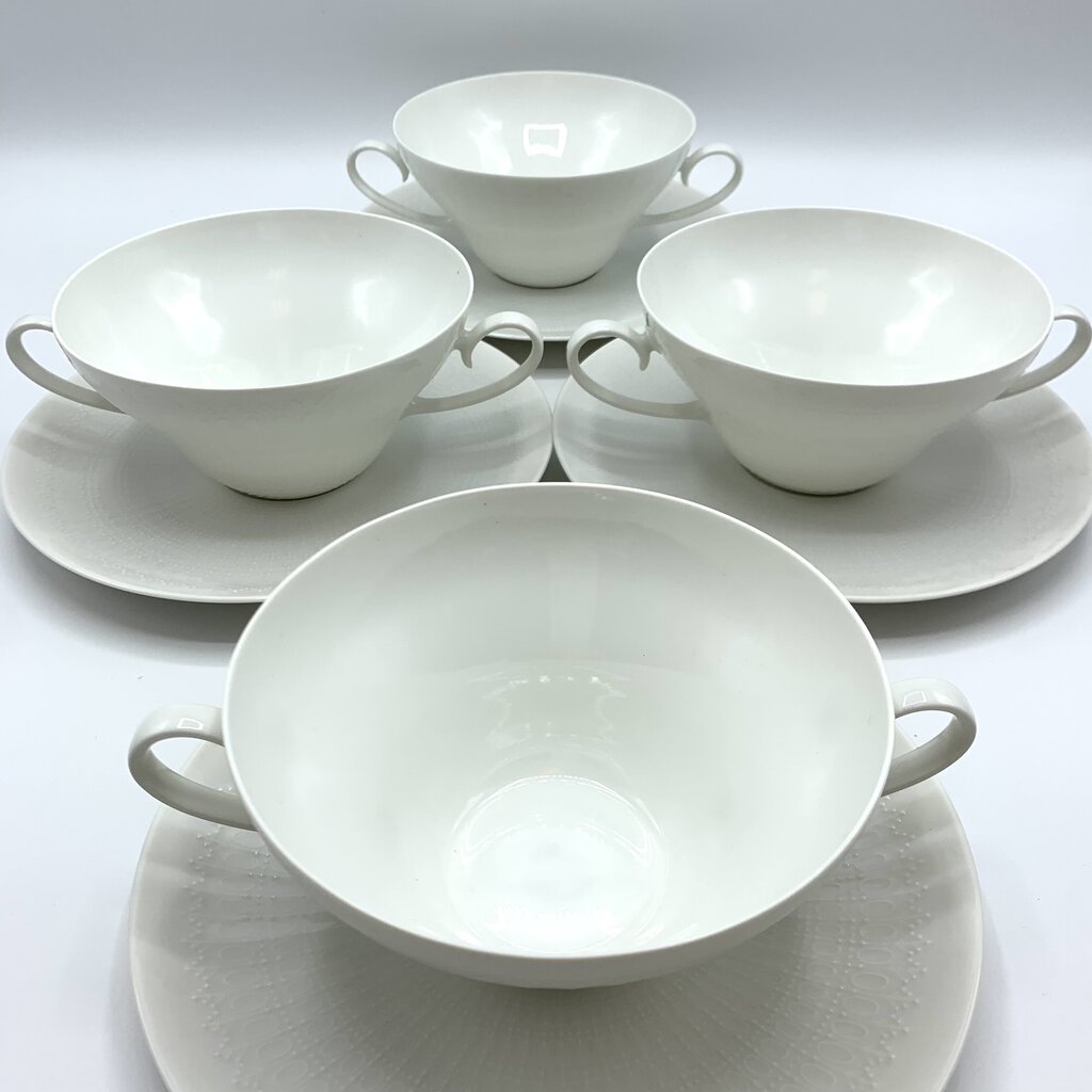 Vintage Mid-Century Bjorn Wiinblad Rosenthal “Romance White” Double Handled Soup Bowls with Underplates Set of 4 /hg