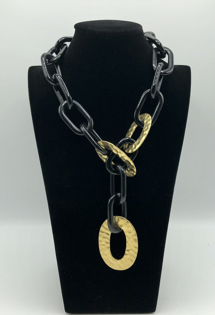 Vintage Don Caster Black Lucite & Brass Chain Link Statement Necklace /b