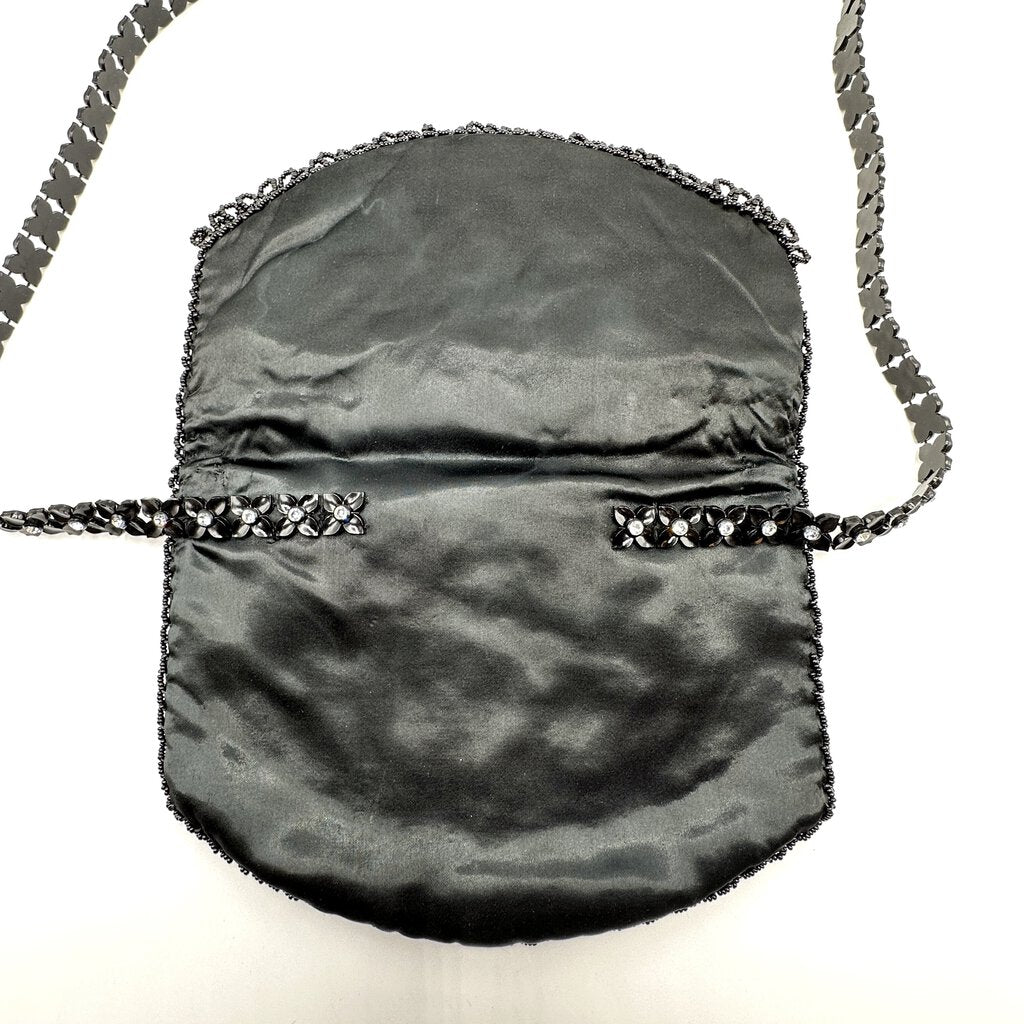 Vintage Richere By Walborg Beaded Black Satin Fold Over Evening Bag/Purse /cb