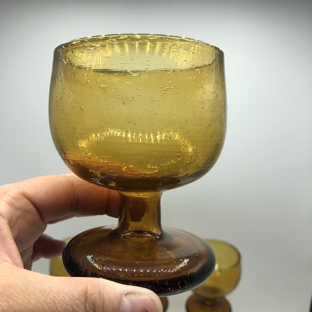Set of 6 Vintage Amber Bubble Glass Hand Blown Goblets /b
