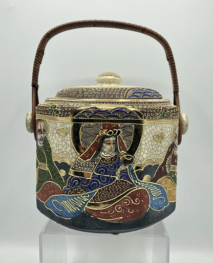Vintage Chinese Samuri China Round Tobacco Jar w/ Lid /b