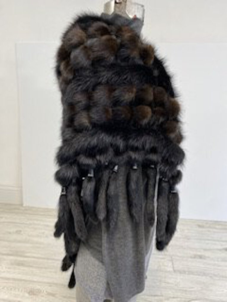 Women’s Real Fur Shawl/Shrug Black/Brown Crocheted Unique! /roh