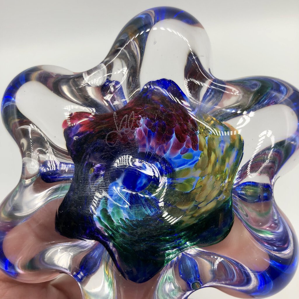 Hand Blown Studio Art Glass Multi-Color Ring Holder / Paperweight Signed /b
