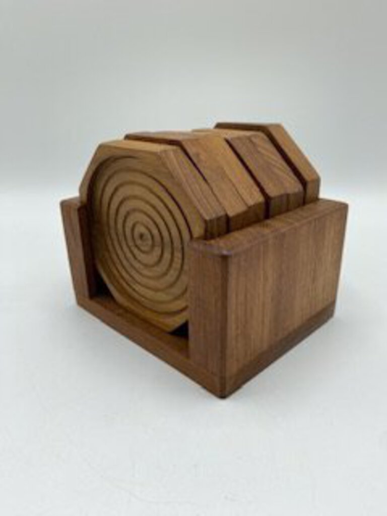 Mid-Century-Modern Teak Wood Kamari Designs Set of 6 w/Caddy Octagon /ro