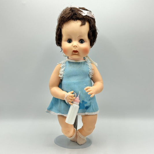 Vintage Unmarked 14” Vinyl Drink Baby Doll In Original Outfit w/Bottle/cb