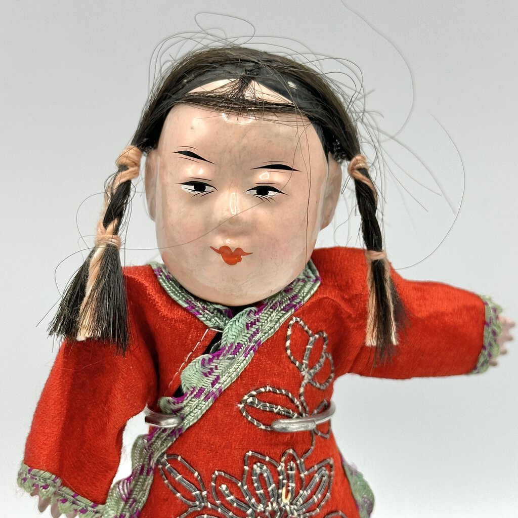 Vintage Chinese 8” Composition Doll w/Hand Painted And Embroidered Outfit /cb