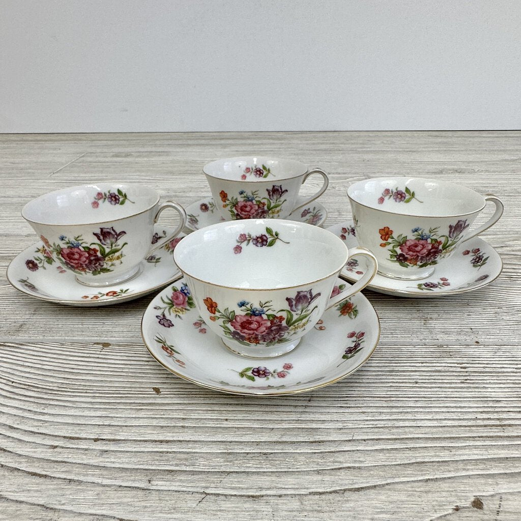 Vintage Aladdin Fine China Dresdenia 4 Cup & Saucer Sets Made In Japan /cb
