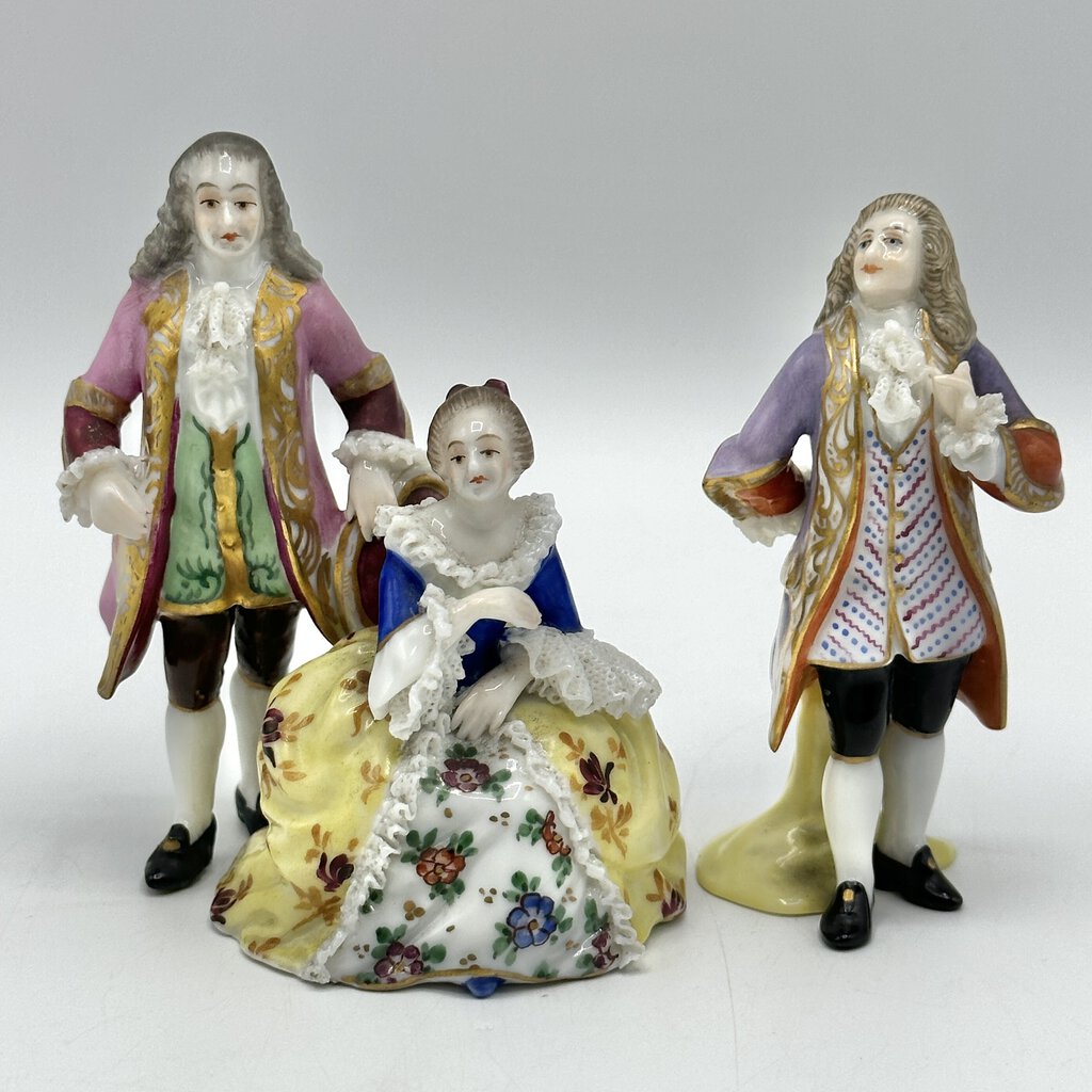 Vintage Volkstedt Miniature 18th Century Style Figurines w/Lace Accents Made In Germany /cb