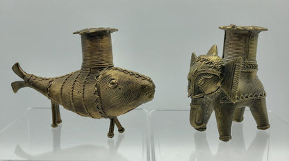 2 Vintage Dhokra Bronze Candle Stands ~ Fish & Elephant /b