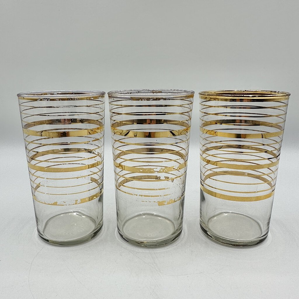 Set Of 3 MCM 4 1/2” Highball Glasses Gold Band Vintage Barware /cb