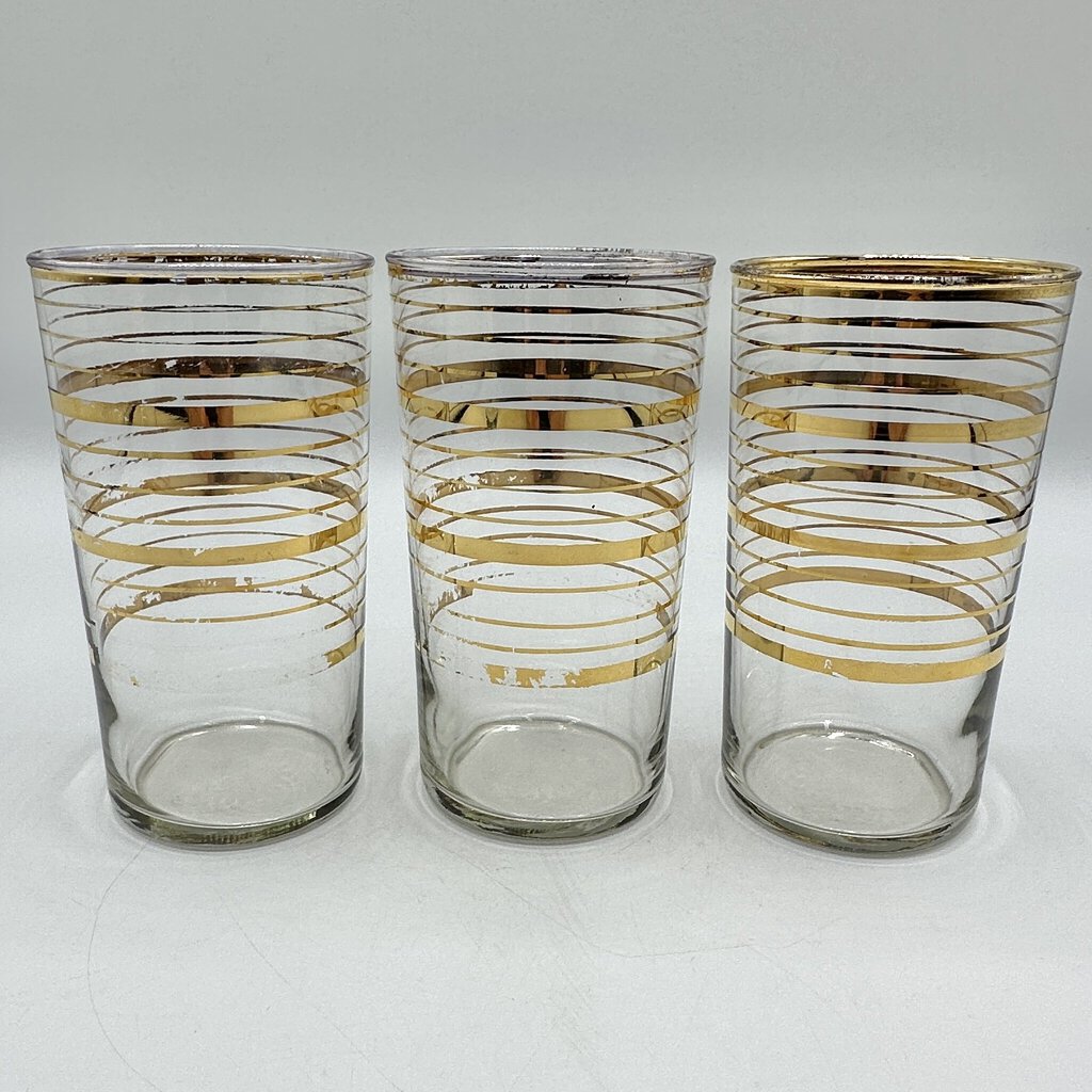 Set Of 3 MCM 4 1/2” Highball Glasses Gold Band Vintage Barware /cb
