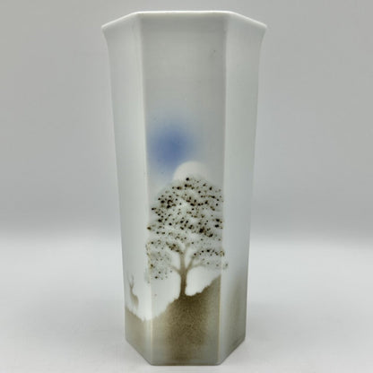 Vintage Highbank Porcelain Lochgilphead Hexagonal Vase Tree & Stag Made In Scotland /cb