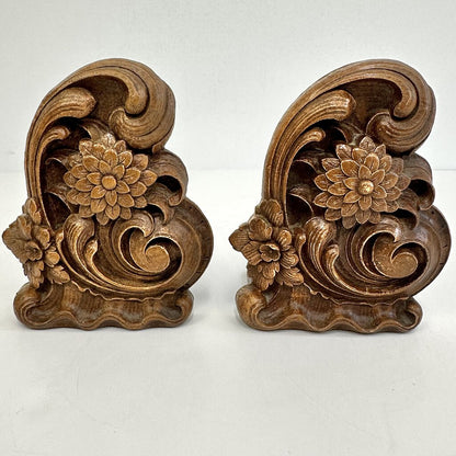 Vintage Pair Of Syroco Wood Floral and Scroll Bookends /cb