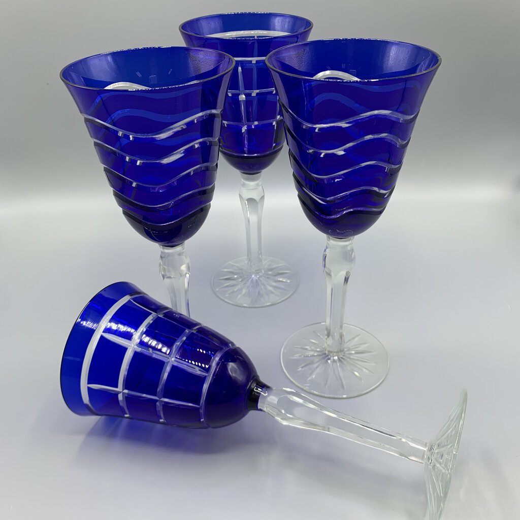 Stunning Cobalt Cut to Clear Water/Wine Goblets /hge