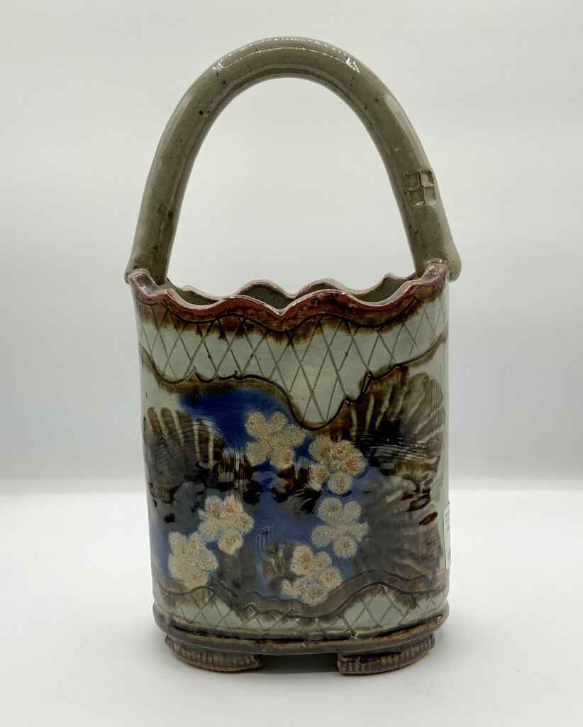 Studio Art Pottery Handled Basket Vase /ah