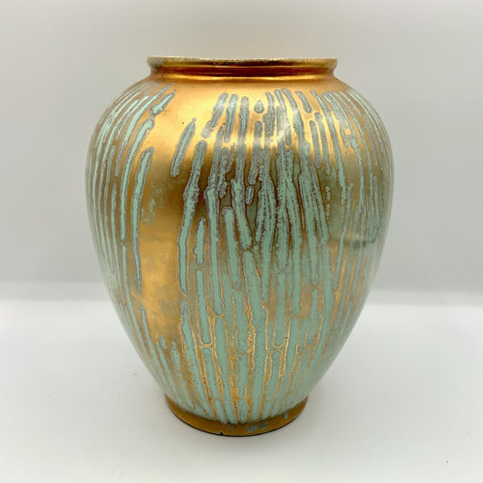 Vintage MCM Carstens Tonnieshof Art Pottery Vase Gold and Turquoise Drip /ah