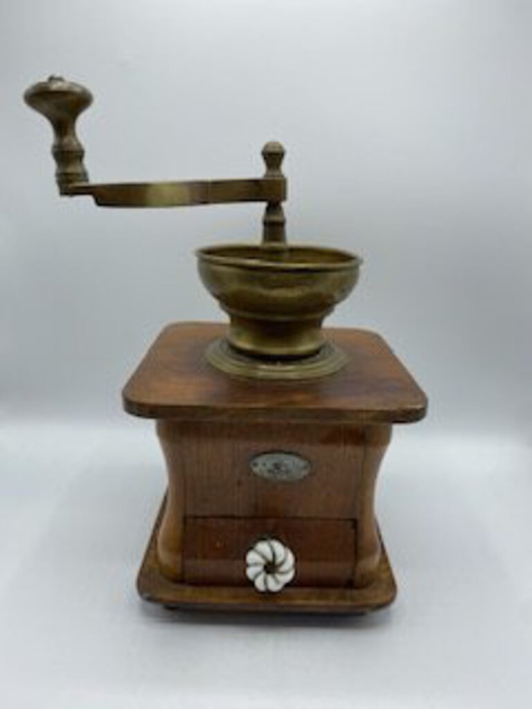 Antique “En Acire Forge” Coffee Mill Footed Wood & Brass Crank Handle /rw