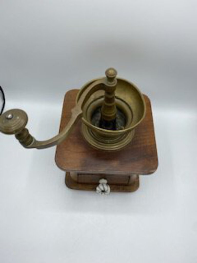 Antique “En Acire Forge” Coffee Mill Footed Wood & Brass Crank Handle /rw
