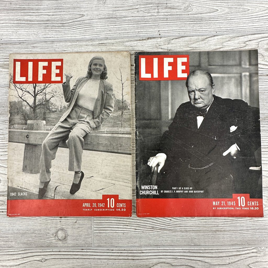 2 Vintage Life Magazines April 20,1942 Slacks For Women May 21,1945 Winston Churchill /cb