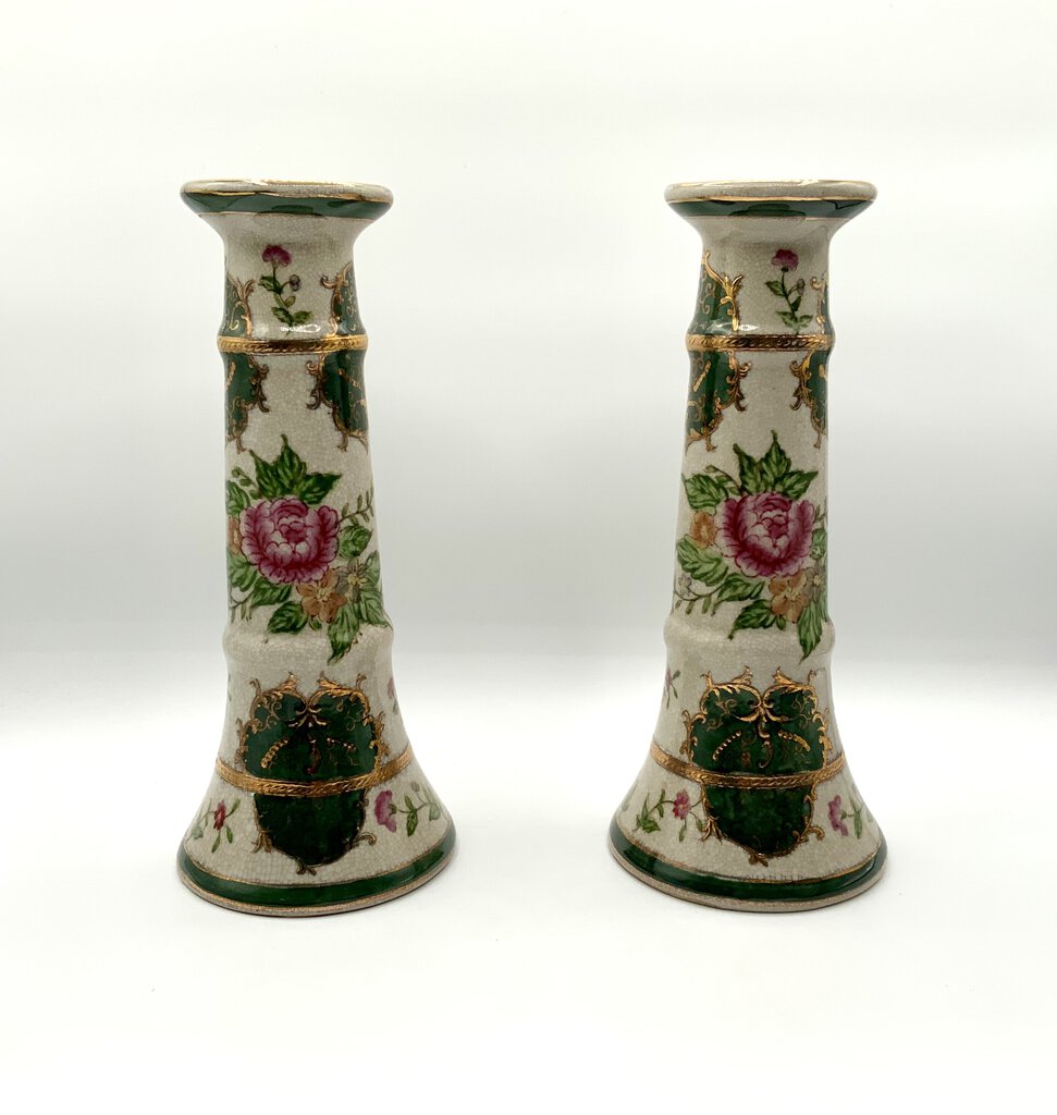 Vintage Floral Ceramic Hand Painted Candle Holders /ah