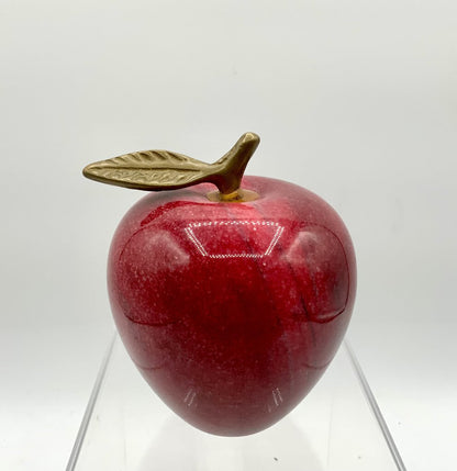 Vintage Red Marble Apple with Brass Leaf and Stem /ah