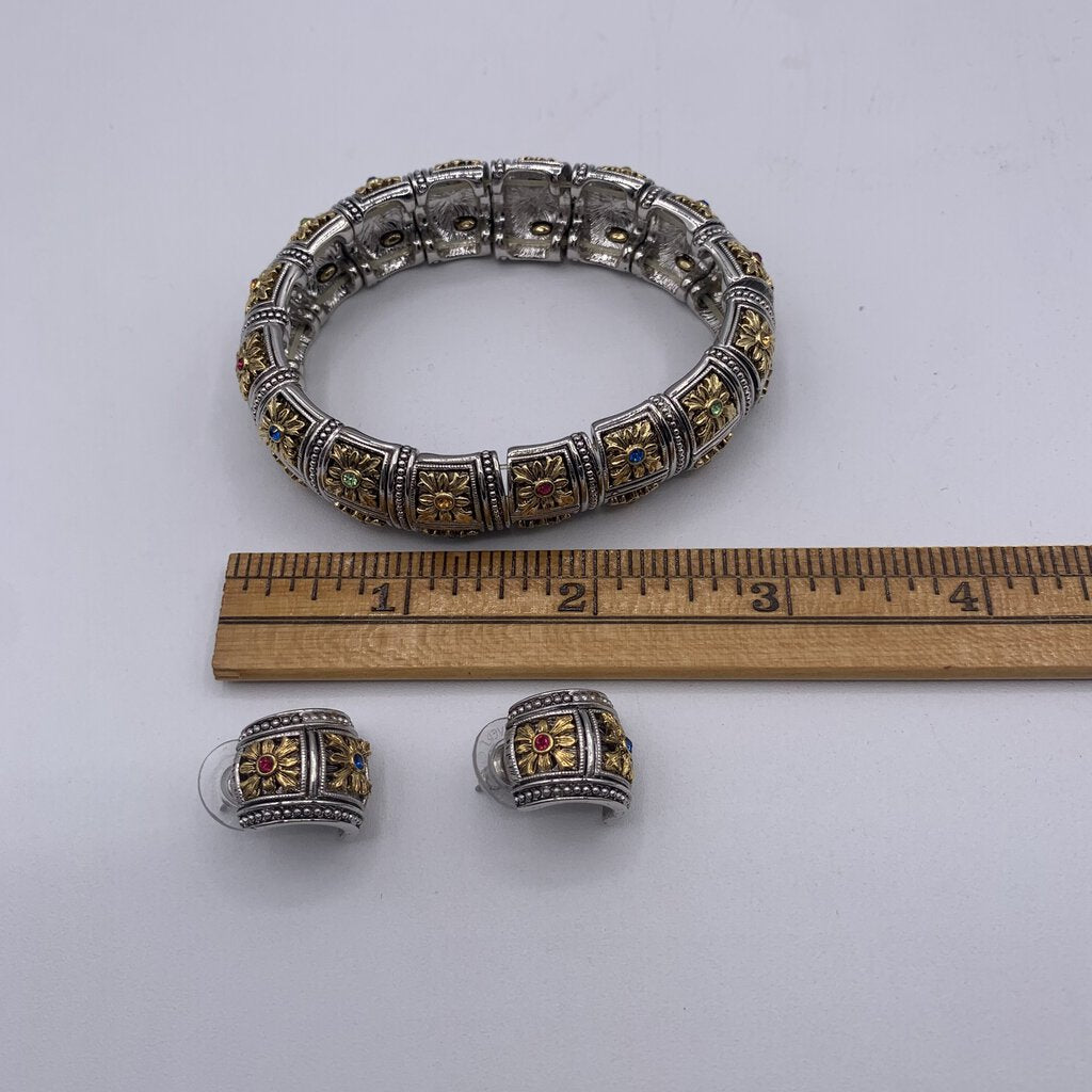 Signed Joan Rivers Silver and Gold Tone Crystal Gem Stretch Bracelet and Earrings Set /hge