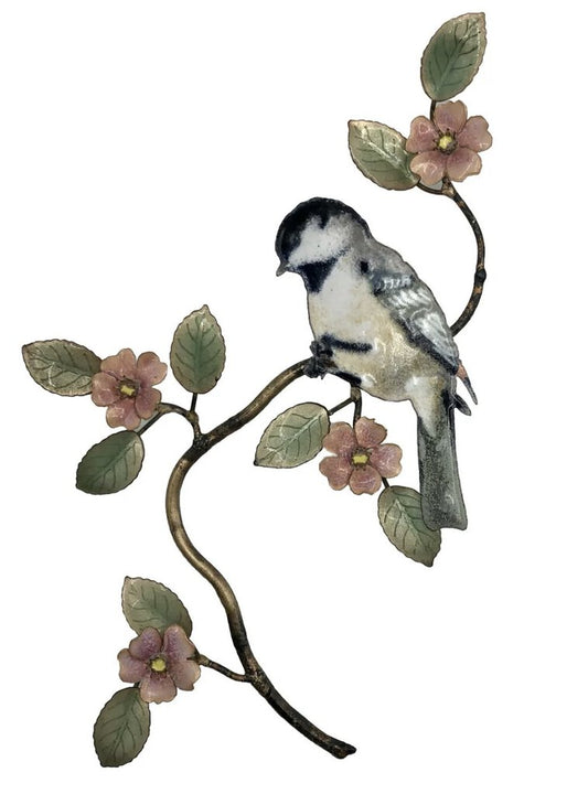 Vtg Bovano of Chester Enamel on Copper Chickadee Perched on Apple Branch /b