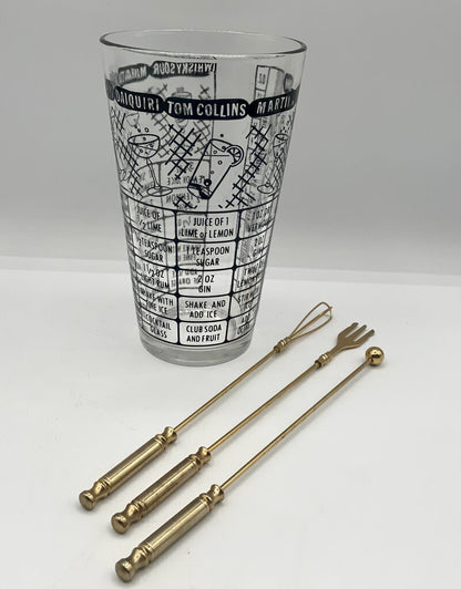 Ah/ Vintage Federal Cocktail Recipe Tumbler Glass Barware with Martini Bar Tools