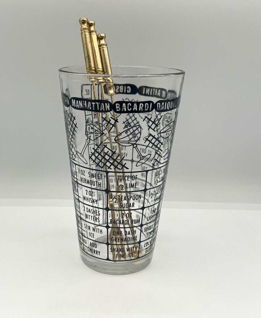 Ah/ Vintage Federal Cocktail Recipe Tumbler Glass Barware with Martini Bar Tools